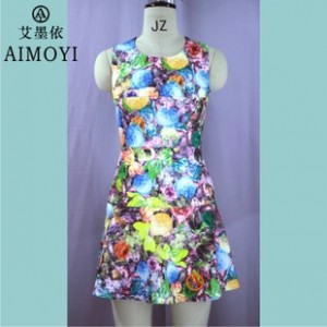 AMY2015女装夏装 数码印花 修身韩板 甜美合体 荷叶边裙 连衣裙
